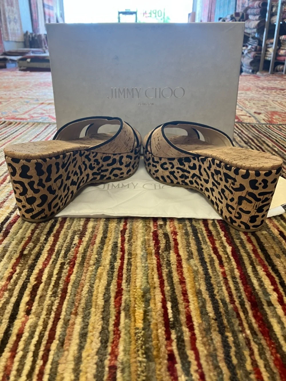 NEW Jimmy Choo USA 7 - Open Toe, Nude with Black Leopard Print, Cork Wedges